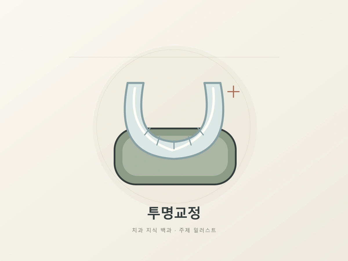 투명교정장치를 나타내는 반투명 곡선과 보관 케이스의 상징 일러스트